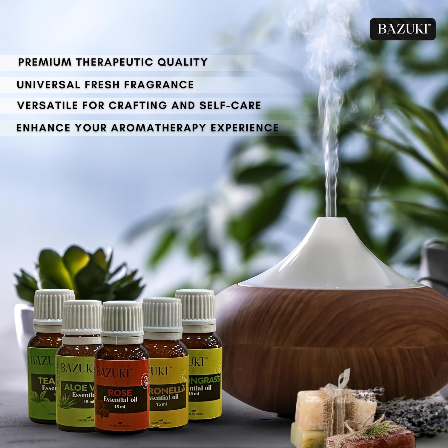 Bazuki Aroma Essential Oils | ALOE VERA, TEA TREE, CITRONELLA, ROSE, LEMONGRASS- 100% Pure Aromatherapy Essential Oils | 15ml x 5 (Essence Harmony)