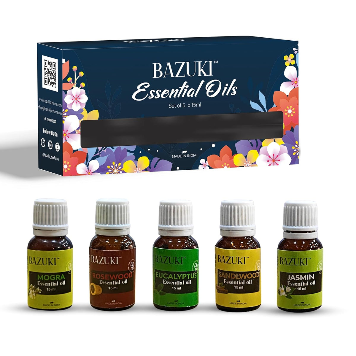 Bazuki Aroma Essential Oils | EUCALYPTUS, MOGRA, ROSEWOOD, SANDALWOOD, JASMINE- 100% Pure Aromatherapy Essential Oils (Aroma Symphony)