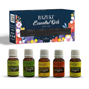 Bazuki Aroma Essential Oils | ALOE VERA, TEA TREE, CITRONELLA, ROSE, LEMONGRASS- 100% Pure Aromatherapy Essential Oils | 15ml x 5 (Essence Harmony)